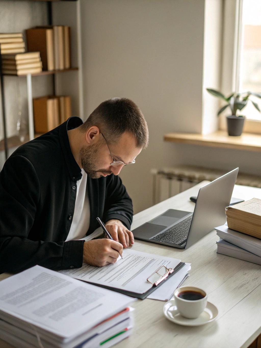 Professional language specialist conducting review of medical legal documentation in an office setting