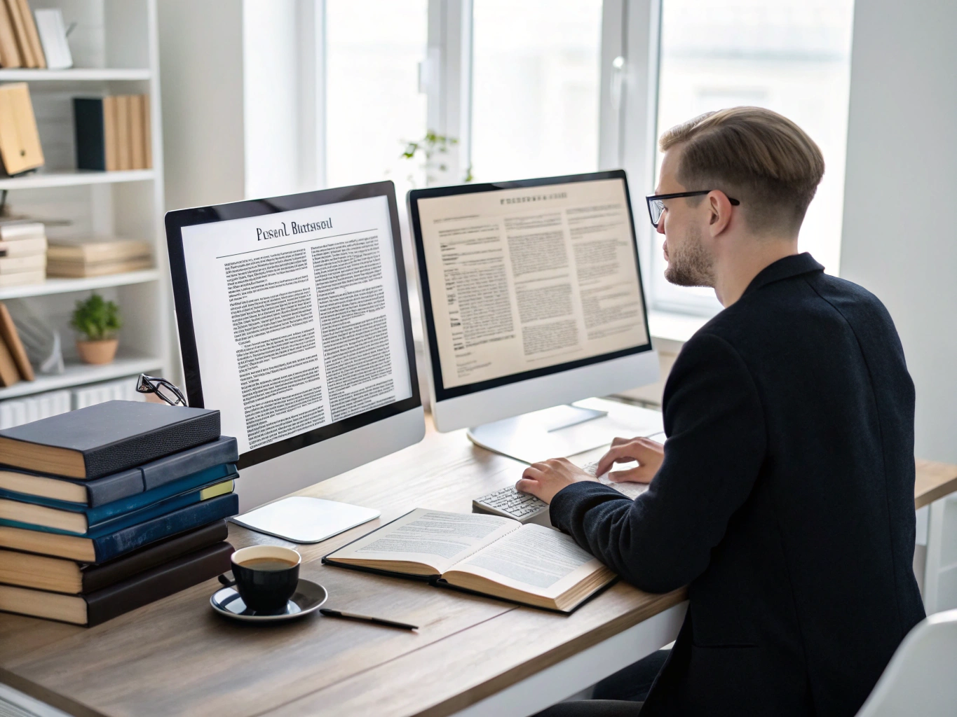 Professional linguist reviewing legal and medical translation source files across dual desktop monitors