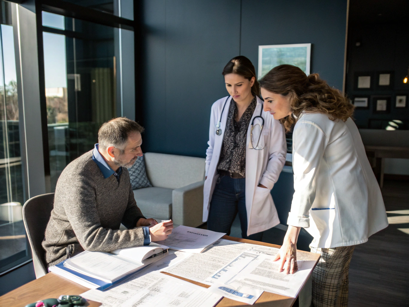 Professional independent interpreter reviewing documentation at a formal legal and medical proceeding
